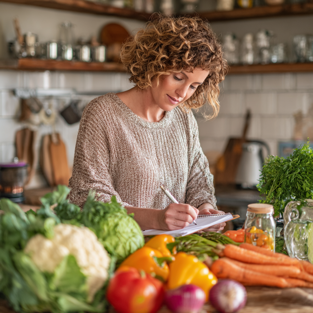 Adult woman planning healthy meals with fresh vegetables and nutritional guidance